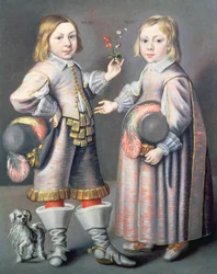 Porträt eines vierjährigen Jungen und eines dreijährigen Mädchens mit einem kleinen Hund